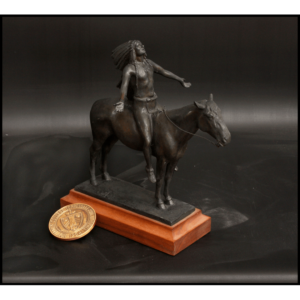 photo of bronze-colored Appeal to the Great Spirit reduction sculpture featuring a Native American astride a horse atop a wood base with a gold coin beside it for scale
