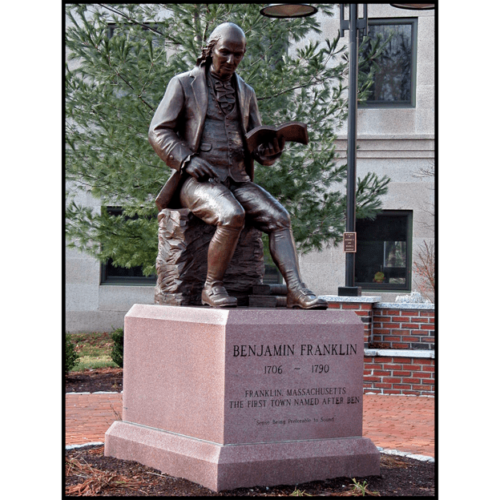 exterior photo of bronze sculpture of Benjamin Franklin