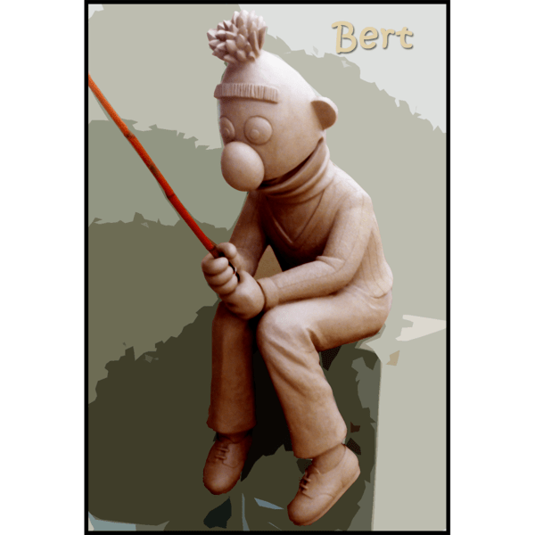 photo of clay model of sculpture of Bert holding fishing pole