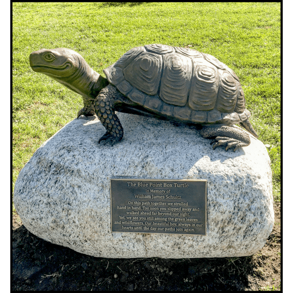 photo of bronze-colored sculpture of turtle with head raised on rock with bronze-colored plaque in park setting