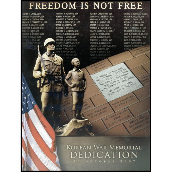 scan of dedication booklet cover with photo of bronze-colored sculpture of American male soldier and Korean boy posed on natural-looking rock, American flag, donation bricks, and columns of names