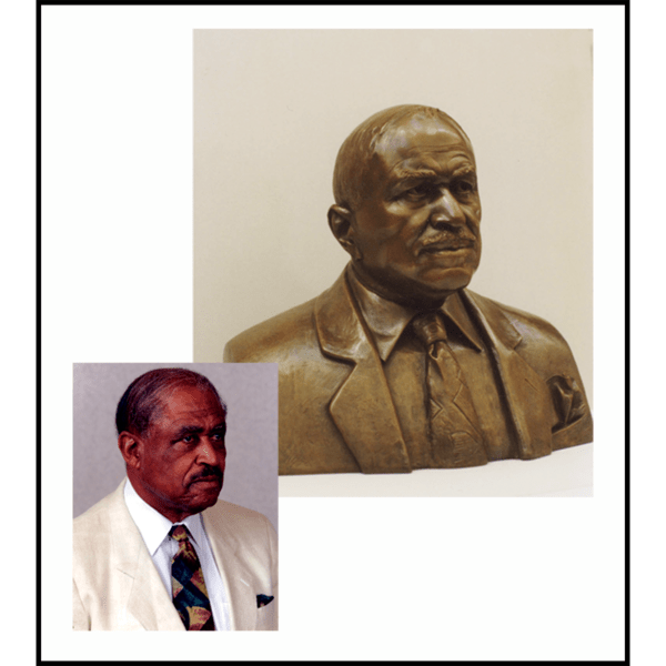 photo collage of bronze-colored sculpture bust of Eddie Robinson against tan background and portrait photo of Eddie Robinson wearing suitcoat and tie, all on white background