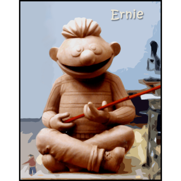 photo of clay model of sculpture of Ernie holding fishing pole