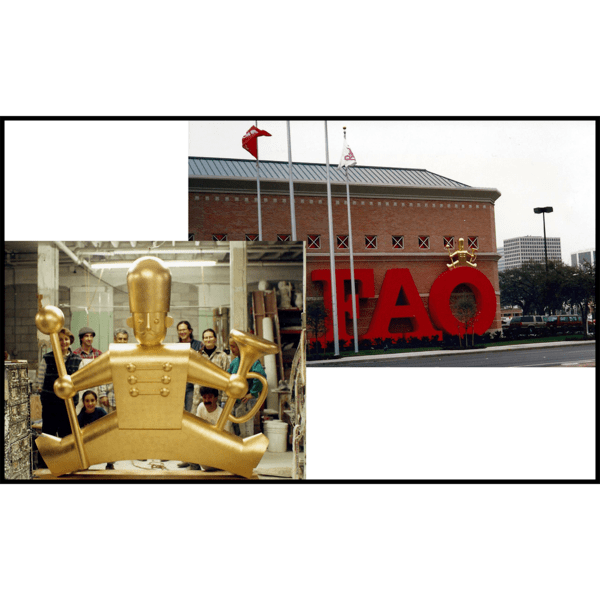 photo collage of FAO Schwarz brick building with large logo and golden toy soldier sculpture on top, and photo of toy soldier in sculptor's studio with studio staff