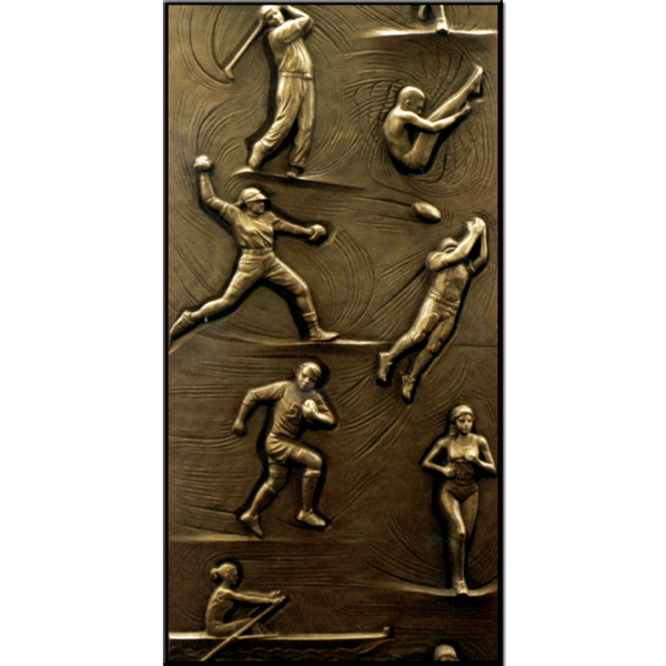 photo of large bronze-colored relief of various athletes