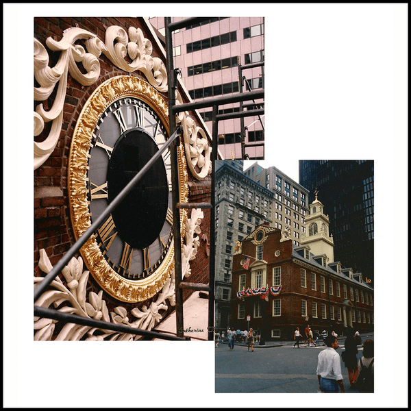 collage of two photos, one of closeup of clock with surrounding ornament, one of Boston Old State House, a brick building with off-white tower