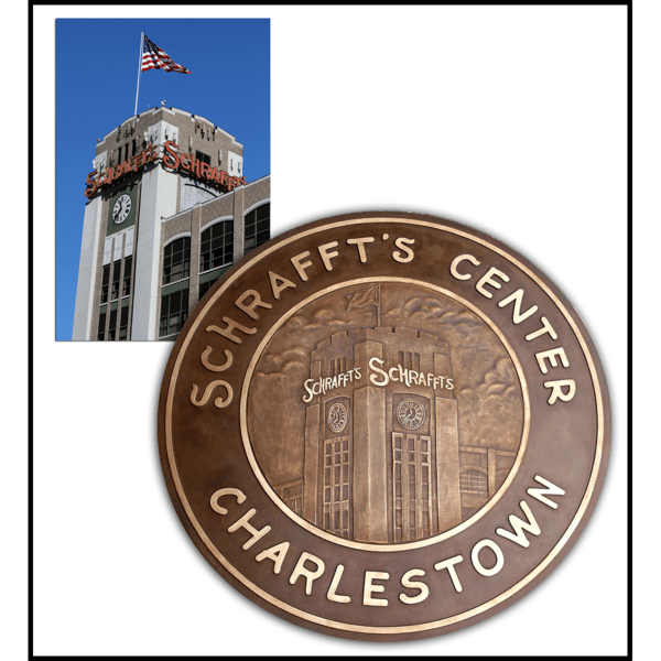 photo collage of Schrafft's building and bronze floor medallion with relief sculpture of Schrafft's building and text