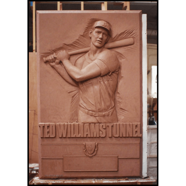 photo of clay relief sculpture of Ted Williams batting