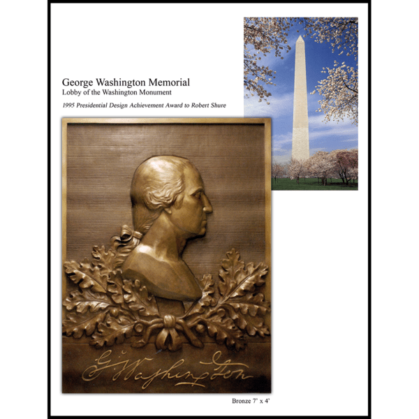 collage of photo of bronze relief portrait of George Washington in profile and photo of the Washington Monument in DC