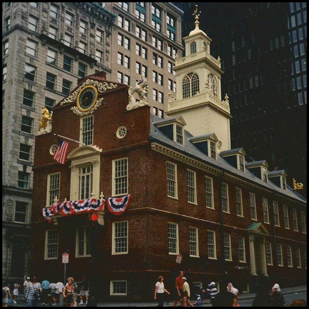 photo of Boston Old State House, a brick building with off-white tower